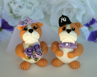Dog wedding cake topper,  bulldog bride and groom with banner