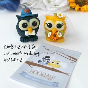 Bride and groom love bird owl cake topper, custom wedding cake topper, cute animal cake topper, owl wedding cake decorations with banner image 3