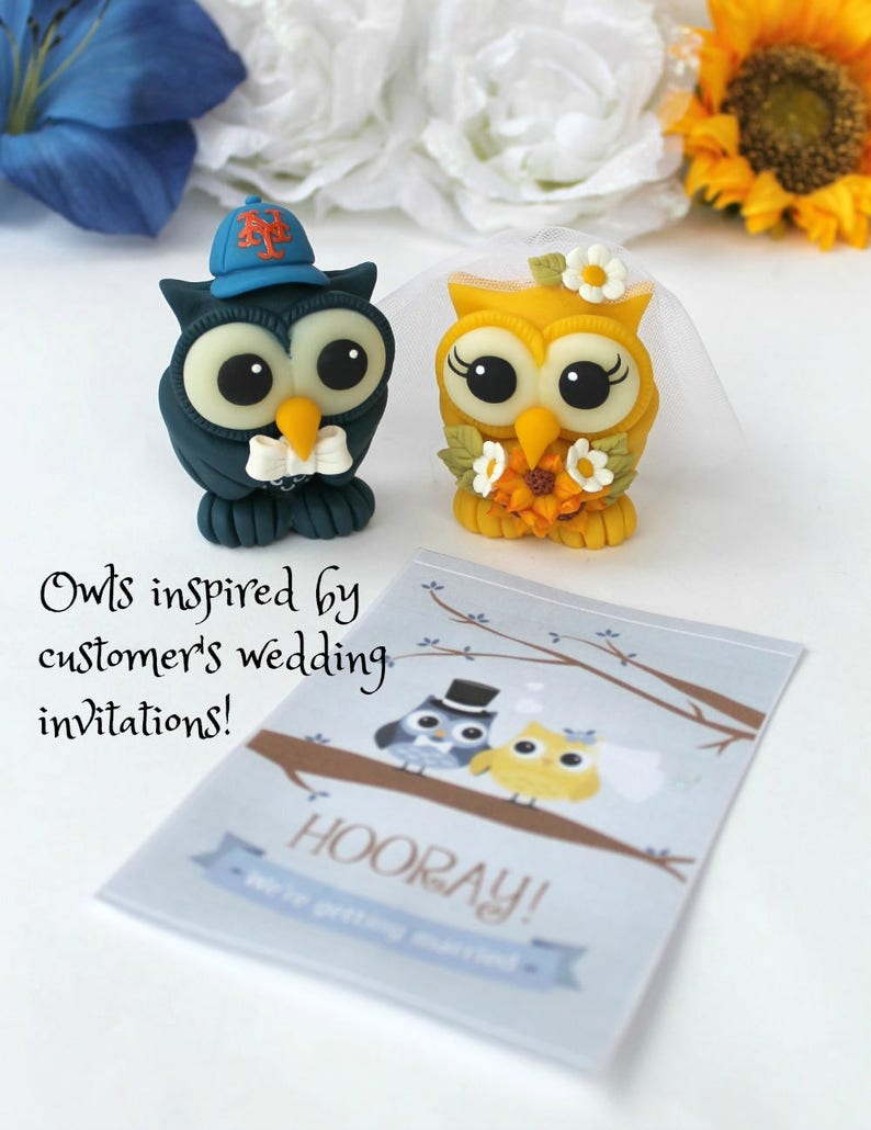 Bride and groom love bird owl cake topper, custom wedding cake topper, cute animal cake topper, owl wedding cake decorations with banner image 3