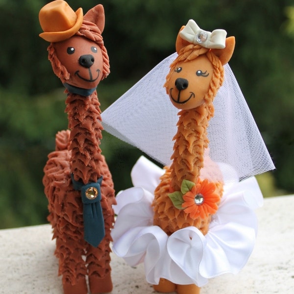 Llama wedding cake topper with personalized banner, custom bride and groom more than 6" tall