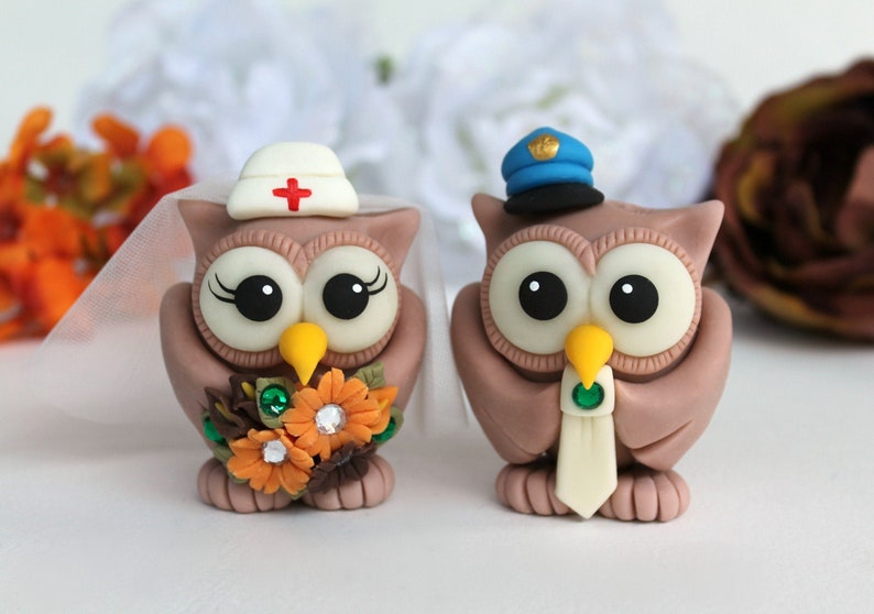 Owl wedding cake topper, customizable job cake topper, police groom and nurse bride image 1