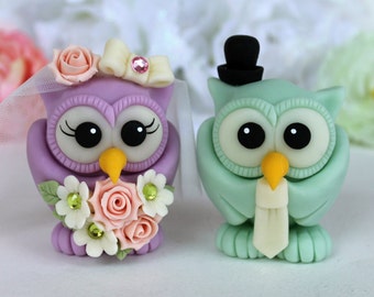 Love bird owl wedding custom cake topper, radiant orchid purple and mint owls with banner, cute owls
