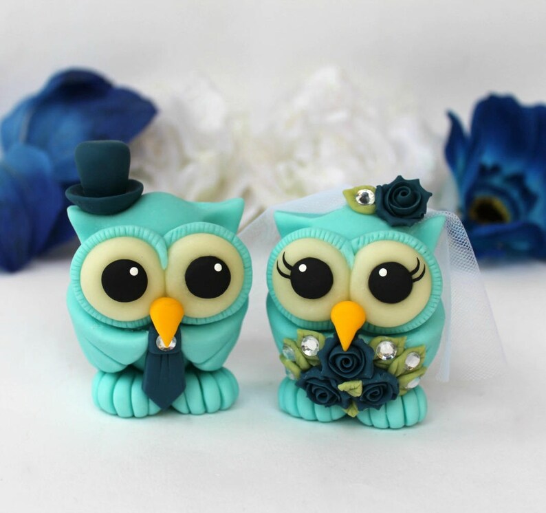 Bride and groom love bird owl cake topper, custom wedding cake topper, cute animal cake topper, owl wedding cake decorations with banner image 5