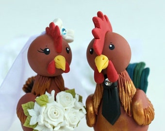 Rooster and hen wedding cake topper, customizable bride and groom, bigger figurines more than 5" tall