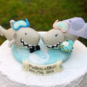 Shark wedding cake topper great white shark bride and groom, beach wedding, destination wedding, sea animal cake topper with ocean base