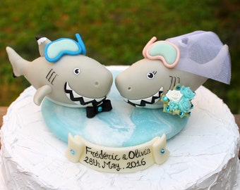 Shark wedding cake topper great white shark bride and groom, beach wedding, destination wedding, sea animal cake topper with ocean base