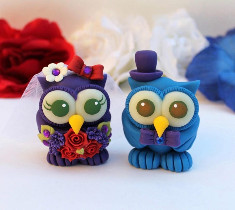 Bride and groom love bird owl cake topper, custom wedding cake topper, cute animal cake topper, owl wedding cake decorations with banner image 1