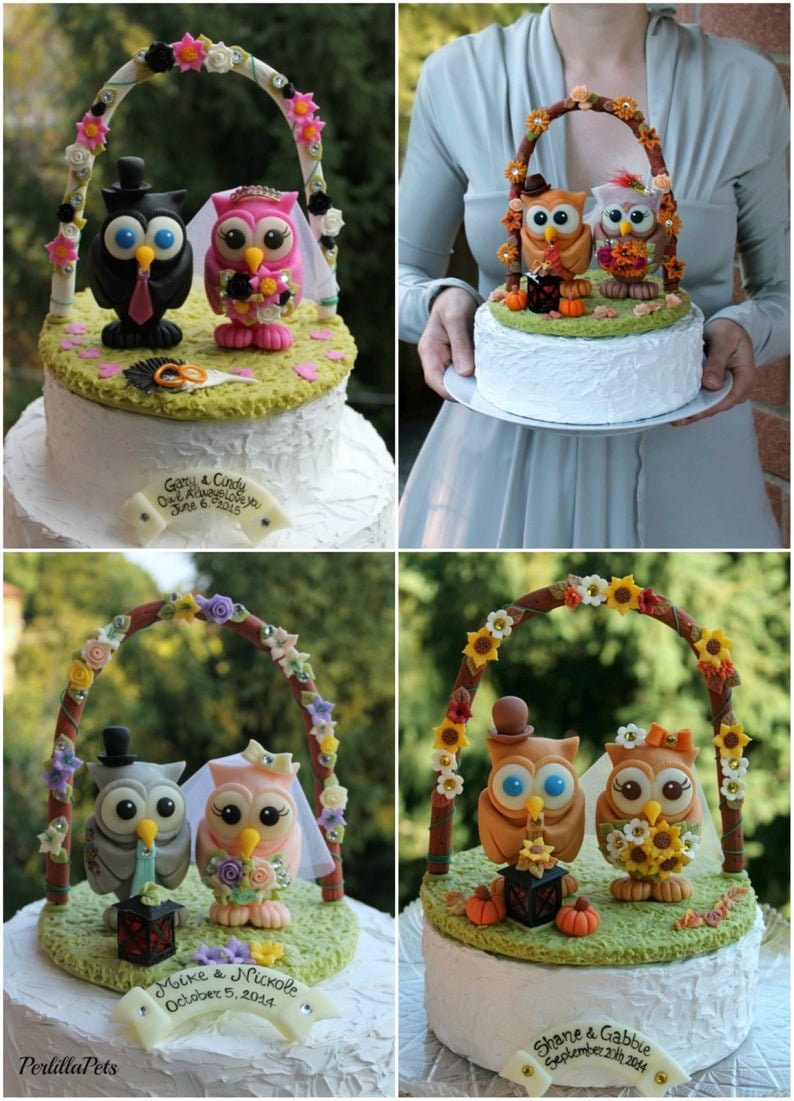 Owl Love Bird Wedding Cake Topper With Floral Arc and Grass Base, BIGGER  Owls More Than 4\, image size:794x1101