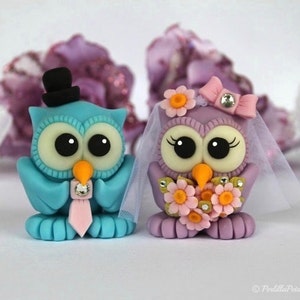 Bride and groom love bird owl cake topper, custom wedding cake topper, cute animal cake topper, owl wedding cake decorations with banner image 10