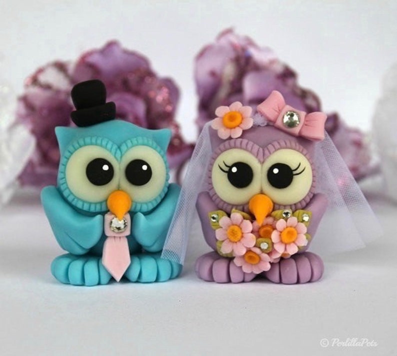 Bride and groom love bird owl cake topper, custom wedding cake topper, cute animal cake topper, owl wedding cake decorations with banner image 10