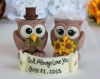 Rustic wedding cake topper - custom wedding owl cake topper - owl always love you - vintage sunflower wedding