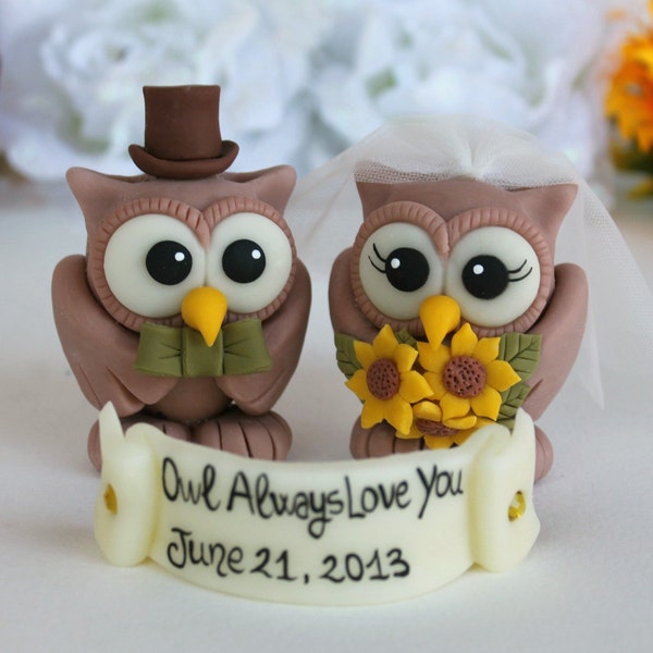 Rustic wedding cake topper - custom wedding owl cake topper - owl always love you - vintage sunflower wedding