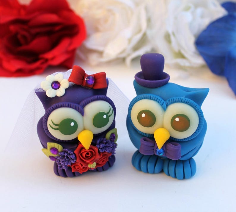 Bride and groom love bird owl cake topper, custom wedding cake topper, cute animal cake topper, owl wedding cake decorations with banner image 9