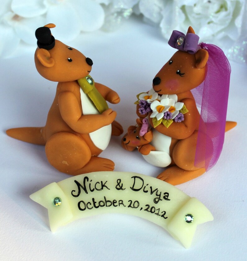 Kangaroo custom wedding cake topper, Australian kangaroos with baby, personalized wedding, 4 tall image 7