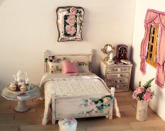 1:12 Scale miniature rose bedroom, handmade distressed shabby chic mini furniture, romantic diorama set