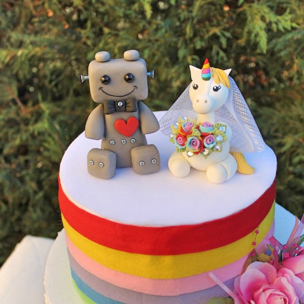 Custom wedding cake topper, unicorn and robot cake topper, bride and groom cake topper, unicorn wedding cake topper, rainbow wedding