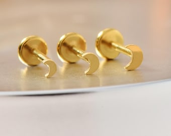 16G/18G/20G Titanium Tiny Crescent Moon Threadless Push Pin Stud, Flat Back Earring, Cartilage Tragus Helix Piercing, Minimal Gold Labret
