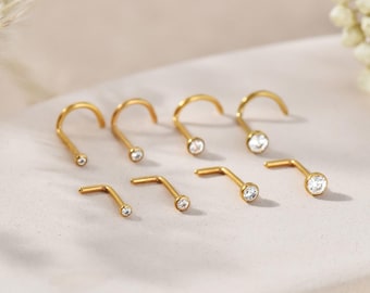 20G/18G Titanium Tiny Cz Stone L Shape & Corkscrew Nose Stud, Cz Small Nose Stud, Nose Piercing, Implant Grade Titanium Nose Ring