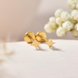 Könnte beinhalten: Ein Paar goldfarbene Ohrstecker in Sternform. Die Ohrringe haben einen Stecker und eine flache, runde Rückseite. Das Sterndesign ist eine vierzackige Form. Die Ohrringe werden auf einer weißen Oberfläche mit einem verschwommenen floralen Hintergrund präsentiert.