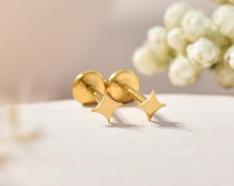 16G/18G/20G Titanium Tiny Sparkle Star Stud Earring, Minimal Flat Back Cartilage Helix Tragus Threadless Stud Multiple Sizes, Nose Stud