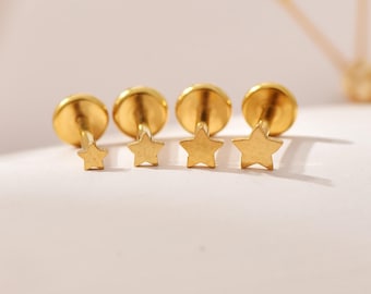 16G/18G/20G Titanium Tiny Star Flat Back Stud, Minimal Cartilage Earring, Helix Tragus Threadless Jewelry Multiple Sizes, Nose Stud