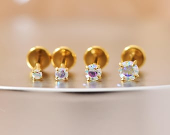 20G/18G/16G Titanium Aurora rainbow Cz Threadless Push Pin Labret, AB Cz Flat Back Earrings, Cartilage Tragus Conch Helix Nose Stud