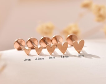 Rose Gold Titanium Heart Threadless Push Pin Labret, Flat Back Stud, Helix Earring, Tragus, Cartilage Earring, Nose Stud