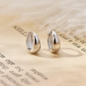 May include: Two small, shiny silver hoop earrings. The earrings are smooth and rounded, with a simple, classic design. The background is a soft, neutral color, with faint text visible.