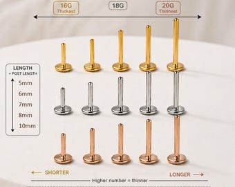 16G/18G/20G Threadless Flat Back Post, Push Pin Labret Stud Post, Replacement Post for Threadless Jewelry, Cartilage Helix Tragus Post