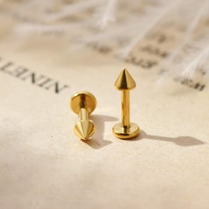 Könnte beinhalten: Zwei goldfarbene Lippen- oder Ohrstecker in Stachelform. Die Ohrringe haben eine flache, runde Basis und eine spitz zulaufende Kegelspitze. Präsentiert auf einer hellen Oberfläche mit weicher Beleuchtung.