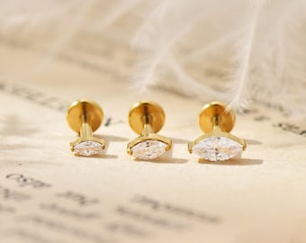 20G/18G/16G Titanium Marquise Cz Threadless Push Pin Labret, Flat Back Earrings, Cartilage Tragus Conch Helix Nose Stud 3 mm 4 mm 5 mm