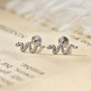 May include: Two silver-colored snake-shaped earrings. Each earring features a small, round post and a detailed snake design. The earrings are displayed on a light-colored surface with faint text and a soft, blurred background.