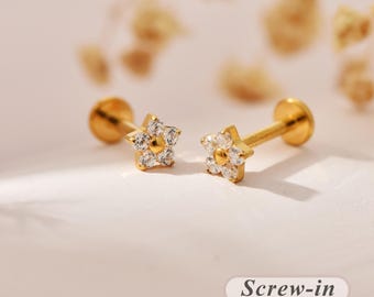 18G/16G Titanium Flower cz Internally Threaded Labret • Flat Back Earring • Tragus • Helix • Cartilage Stud • Nose Stud