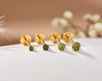 20G/18G/16G Titanium Peridot Cz Threadless Push Pin Labret, Olive Green Flat Back Earrings, Cartilage Tragus Conch Helix Nose Stud