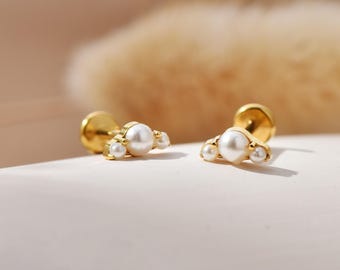20G/18G/16G Titanium Climber Pearl Threadless Push Pin Labret, Flat Back Earrings, Cartilage Tragus Conch Helix stud