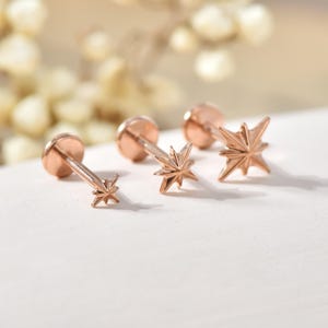 May include: Rose gold star-shaped stud earrings. The earrings have a flat, round backing and a starburst design. The earrings are displayed on a white surface with a soft, blurred background.