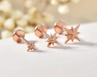 Rose Gold Titanium Starburst Threadless Push Pin Labret, Star Flat Back Stud, Helix Earring, Tragus, Cartilage Earring, Nose Stud