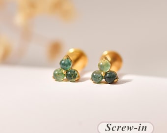 18G/16G Titanium Natural Moss Agate Internally Threaded Labret • Flat Back Earring • Tragus  • Helix • Cartilage Stud • Nose Stud