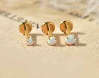 20G/18G/16G Titanium White Opal Threadless Push Pin Labret, Flat Back Earrings, Cartilage Tragus Conch Helix Nose Stud 2 mm 2.5 mm 3 mm