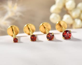 20G/18G/16G Titanium Garnet Cz Threadless Push Pin Labret, Flat Back Earrings, Cartilage Tragus Conch Helix Nose Stud 1.5 mm 2 mm 2.5 mm 3 mm