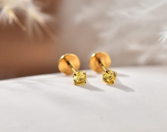 20G/18G/16G Titanium Yellow Cz Threadless Push Pin Labret, Flat Back Earrings, Cartilage Tragus Conch Helix Nose Stud