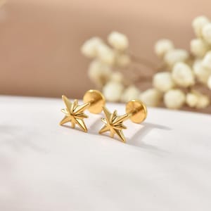 Könnte beinhalten: Ein Paar goldfarbene Sternen-Ohrstecker. Die Ohrringe haben ein detailliertes, mehrspitziges Sternendesign. Die Ohrstecker werden auf einer weißen Oberfläche mit einem verschwommenen Hintergrund aus neutralen Tönen und weißen Blumen präsentiert.