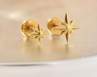 20G/18G/16G Titanium Starburst Threadless Stud Earring, North Star Flat Back Cartilage Helix Tragus Labret Piercing