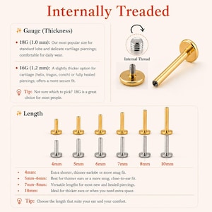 Könnte beinhalten: Ein Labret-Piercing mit Innengewinde in Gold- und Silbertönen. Das Bild zeigt Stärken von 18G (1,0 mm) und 16G (1,2 mm) sowie eine Längentabelle von 4 mm bis 10 mm, die den Schraubmechanismus des Stabs und der flachen Rückseite verdeutlicht.