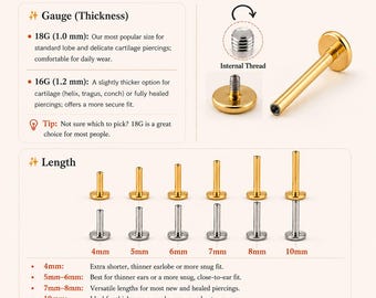 18G/16G Screw Back Titanium Internally Threaded Labret Bar, Flat Back Replacement Piercing Backing, Helix Tragus Cartilage Bar Post