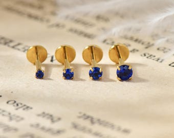 Titanium Sapphire Cz Threadless Push Pin Labret, Blue Cz Flat Back Earring, Cartilage Stud, Tragus, Helix, Conch, Nose Stud 20G/18G/16G