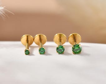 20G/18G/16G Titanium Emerald Stone Threadless Push Pin Labret, Green Cz Flat Back Earrings, Cartilage Tragus Conch Helix Nose Stud