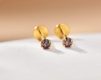 Titanium Coffee Cz Threadless Push Pin Labret, Dark Brown Cz Flat Back Earring, Cartilage Stud, Tragus, Helix, Conch, Nose Stud 20G/18G/16G