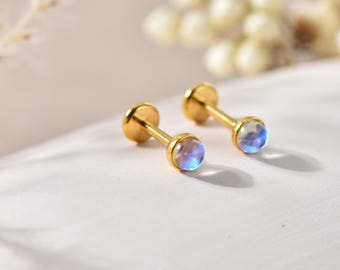 Titanium Moon Stone Threadless Push Pin Labret, Flat Back Earrings, Cartilage Tragus Conch Helix Nose Stud Small stud 20G/18G/16G