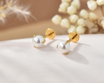 20G/18G/16G Titanium Pearl Threadless Push Pin Labret, Flat Back Earrings, Cartilage Tragus Conch Helix Nose Stud 3mm 4mm 5mm